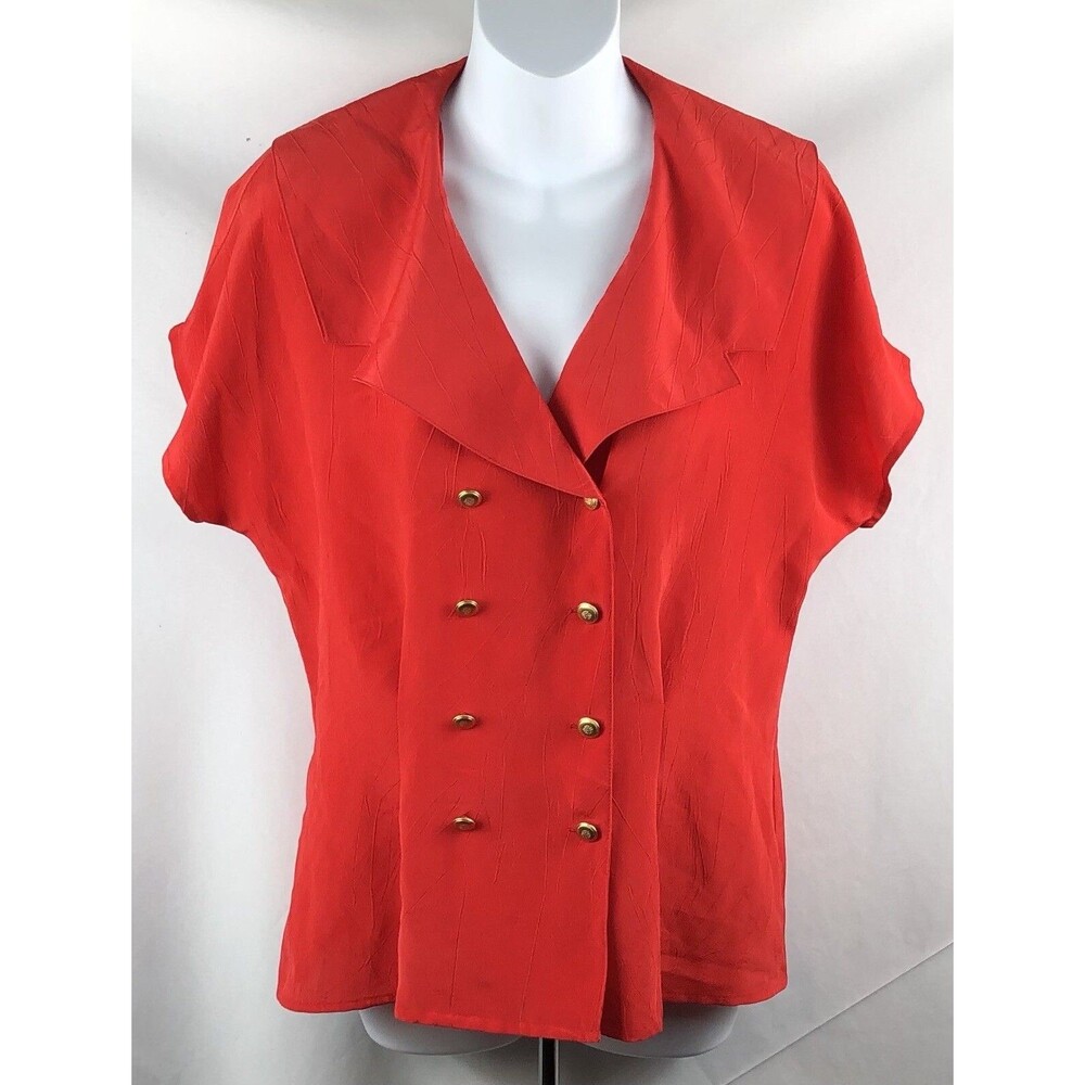 Vtg 70s Notations Silky Blouse Top 6 Red Wide Notch Collar classic Career office
